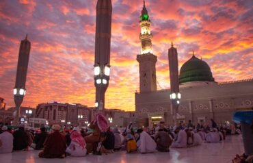 Al Masjid an Nabawi mosque beatuful sunset cloudy - Medina Saudi Arabia 6 jan 2020