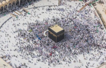 The Hajj annual Islamic pilgrimage to Mecca, Saudi Arabia, the holiest city for Muslims. Aerial view.